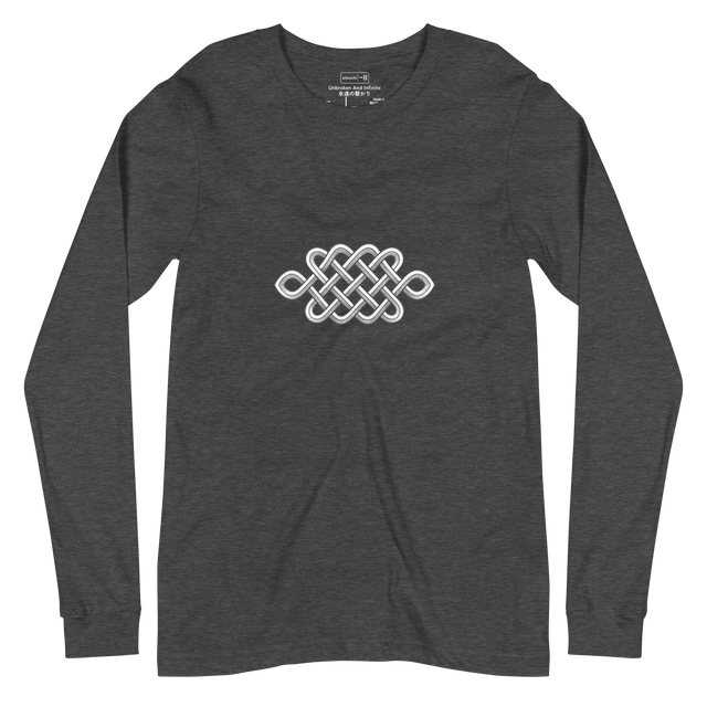 Graphite pencil drawing of an eternal knot on a minimalist long sleeve t-shirt.