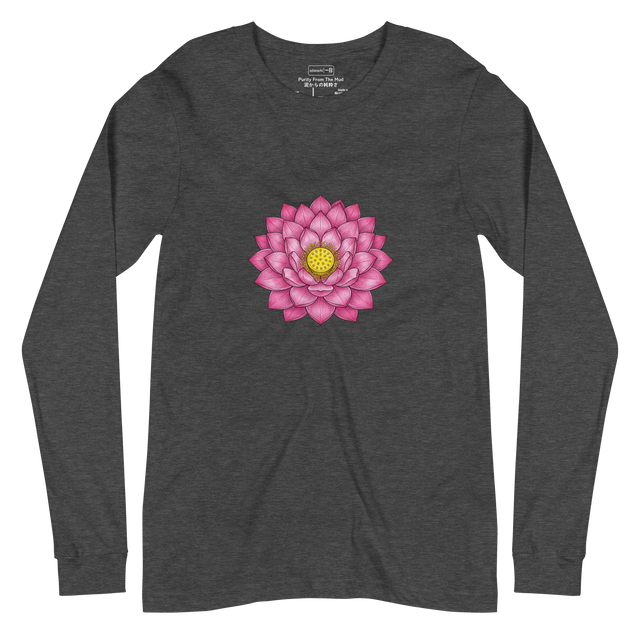 Long Sleeve T-Shirt featuring a top-down view of a pink lotus flower with a yellow center, drawn in a cross-hatch colored pencil style.