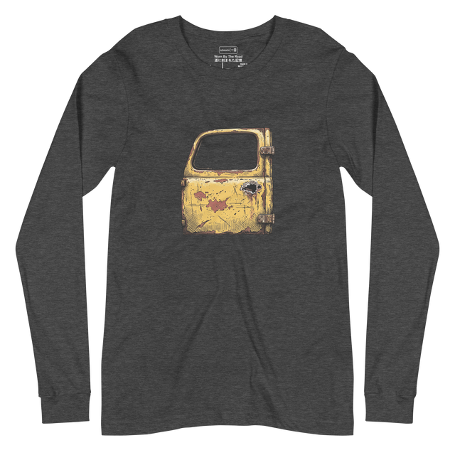 Cross-hatch ink drawing of a rusted 1940s yellow truck door missing its handle on a unisex long sleeve t-shirt.