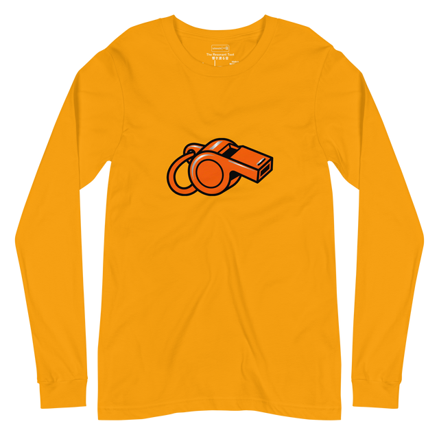 A large orange whistle illustrated in a minimalist style on a yellow Long Sleeve T-Shirt.