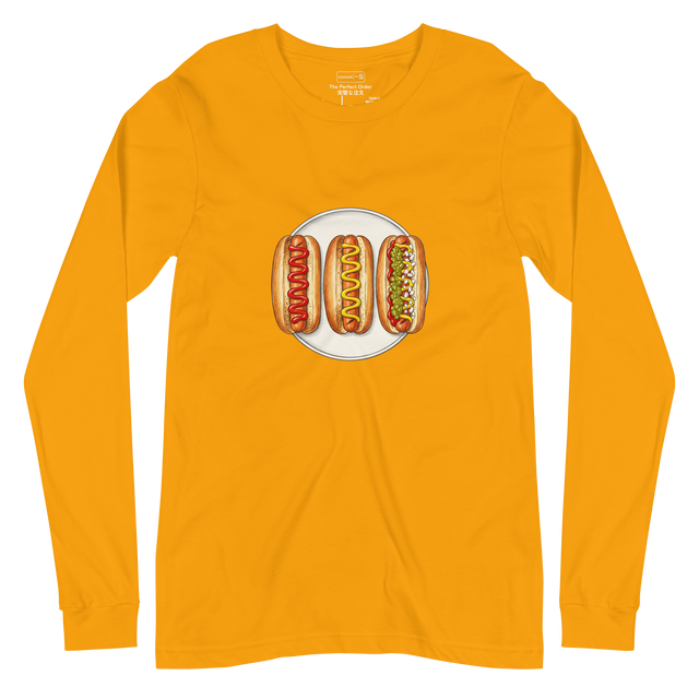 Bird's-eye view illustration of three hot dogs with varying toppings in a color pencil style on a Long Sleeve T-Shirt.