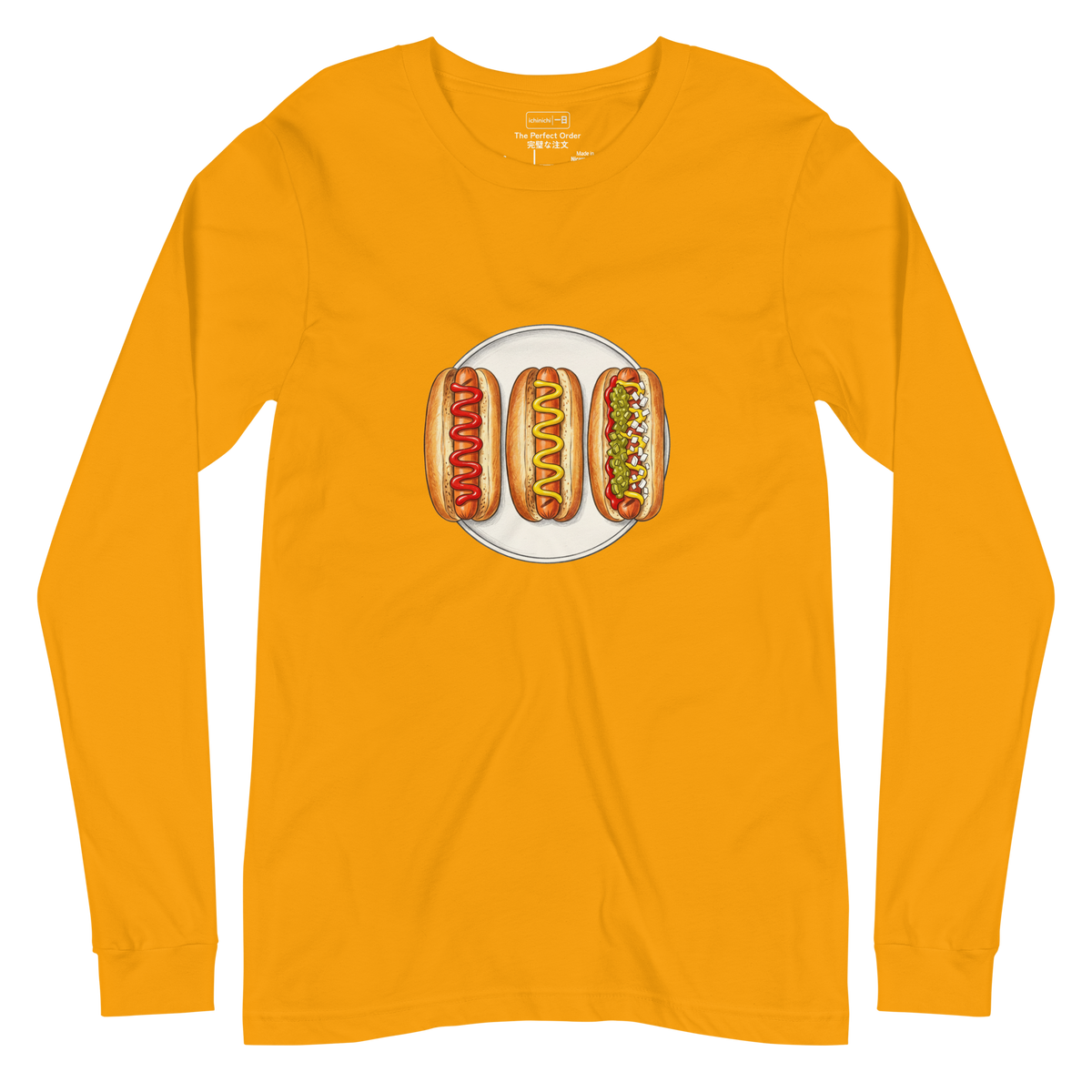 Bird's-eye view illustration of three hot dogs with varying toppings in a color pencil style on a Long Sleeve T-Shirt.
