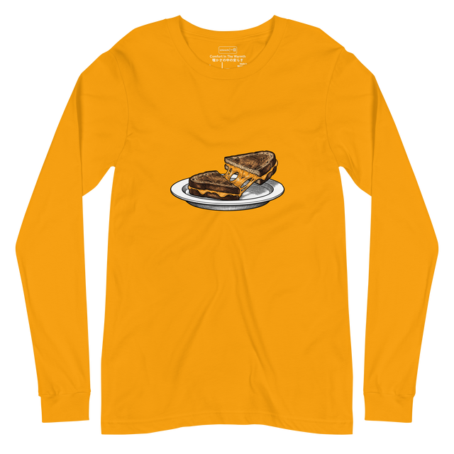 Long Sleeve T-Shirt featuring a cross-hatch ink illustration of a diagonally cut grilled cheese sandwich with stretching cheddar.
