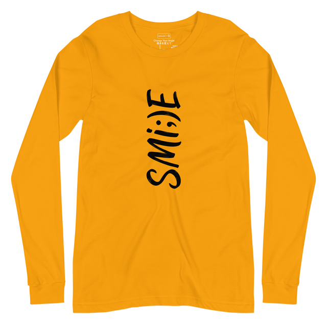 Black ink vertical typographic smile design on long sleeve t-shirt.