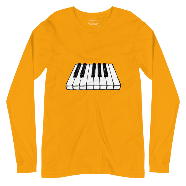 A high-contrast marker illustration of multiple black and white piano keys floating on a white long sleeve t-shirt.