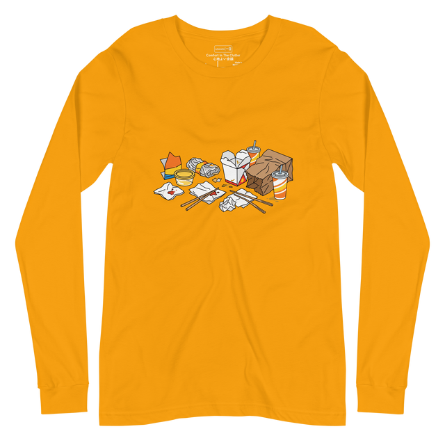 Long Sleeve T-Shirt showing a bright, simple line illustration of scattered takeout food containers and crumpled paper napkins.