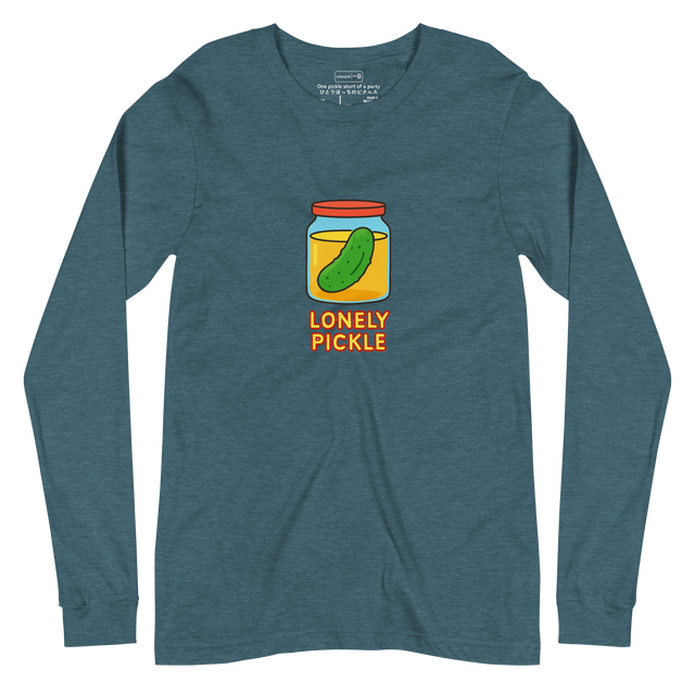 Blue long-sleeve shirt with 'Lonely Pickle' graphic on a white background