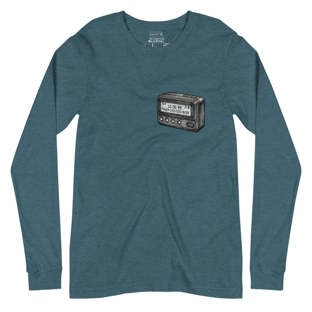 ロングスリーブTシャツの中央に、黒とグレーで描かれたクラシックなポケットベルのマーカー画。