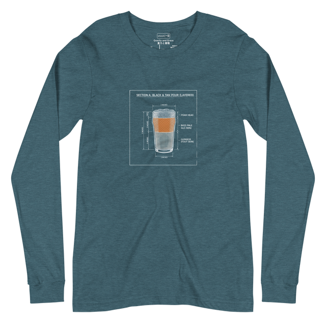 Technical blueprint graphic labeling Guinness and Pale Ale on a Long Sleeve T-Shirt.