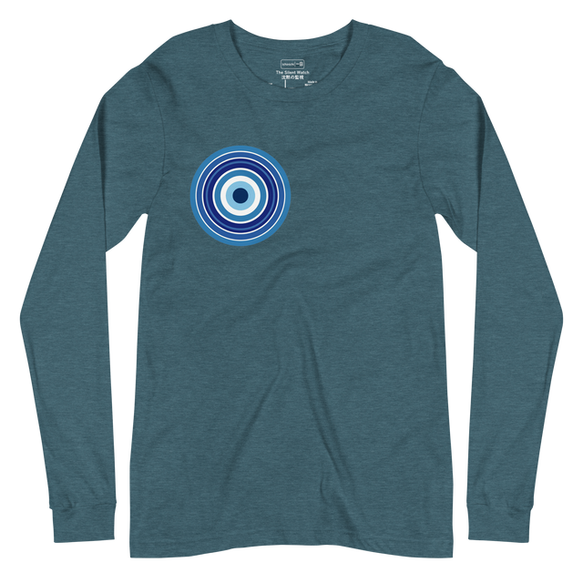 Minimalist blue concentric circles in a woodcut style on a Long Sleeve T-Shirt.