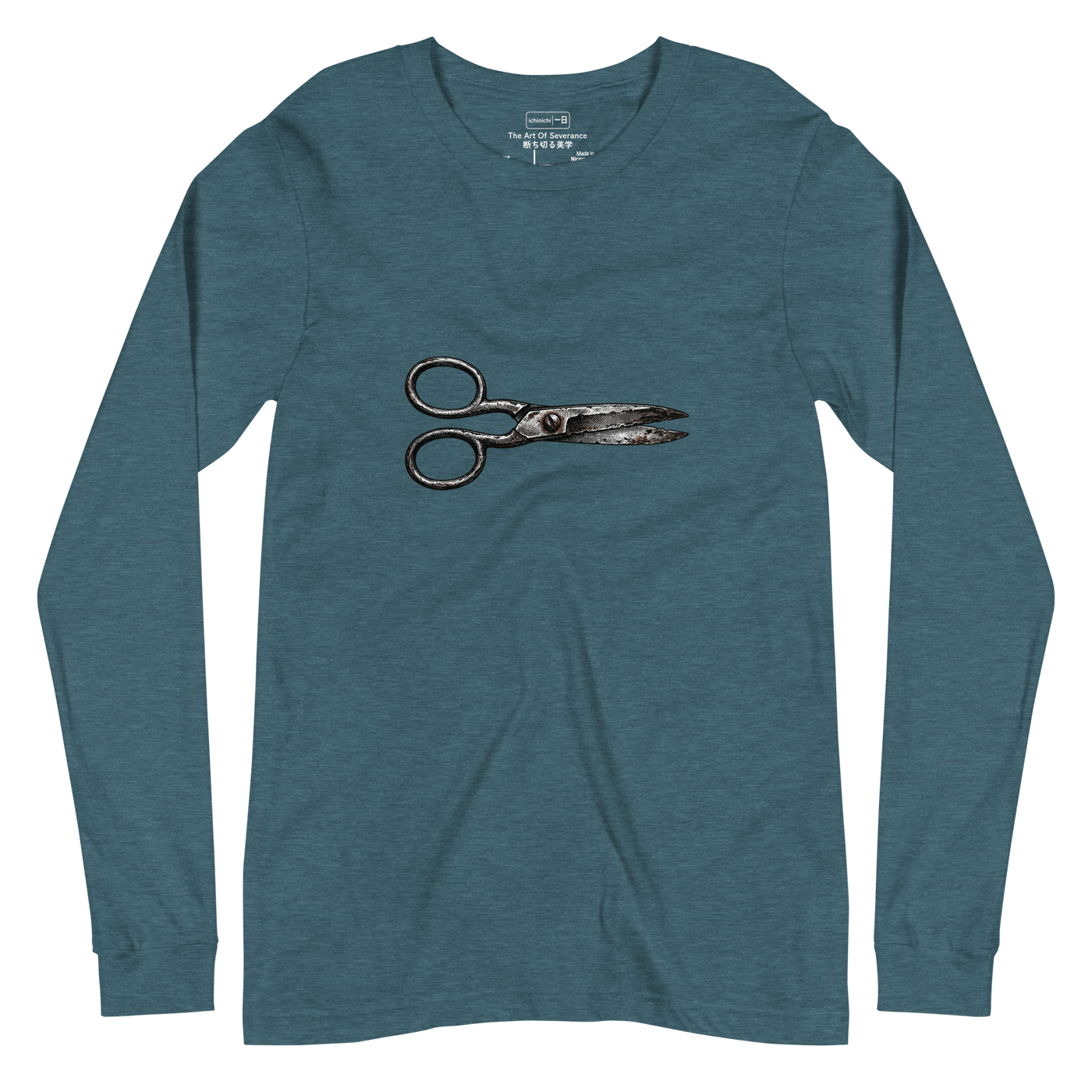 Cross-hatch ink illustration of vintage scissors lying horizontal on a Long Sleeve T-Shirt.