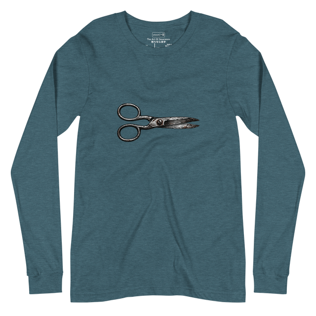 Cross-hatch ink illustration of vintage scissors lying horizontal on a Long Sleeve T-Shirt.
