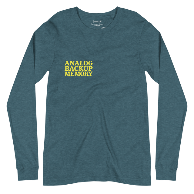 Analog Backup Memory weathered light yellow typography woodcut stamp on a long sleeve t-shirt
