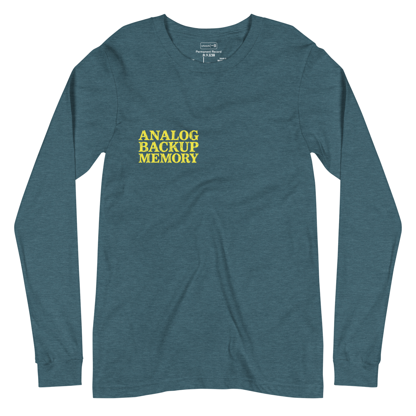 Analog Backup Memory weathered light yellow typography woodcut stamp on a long sleeve t-shirt