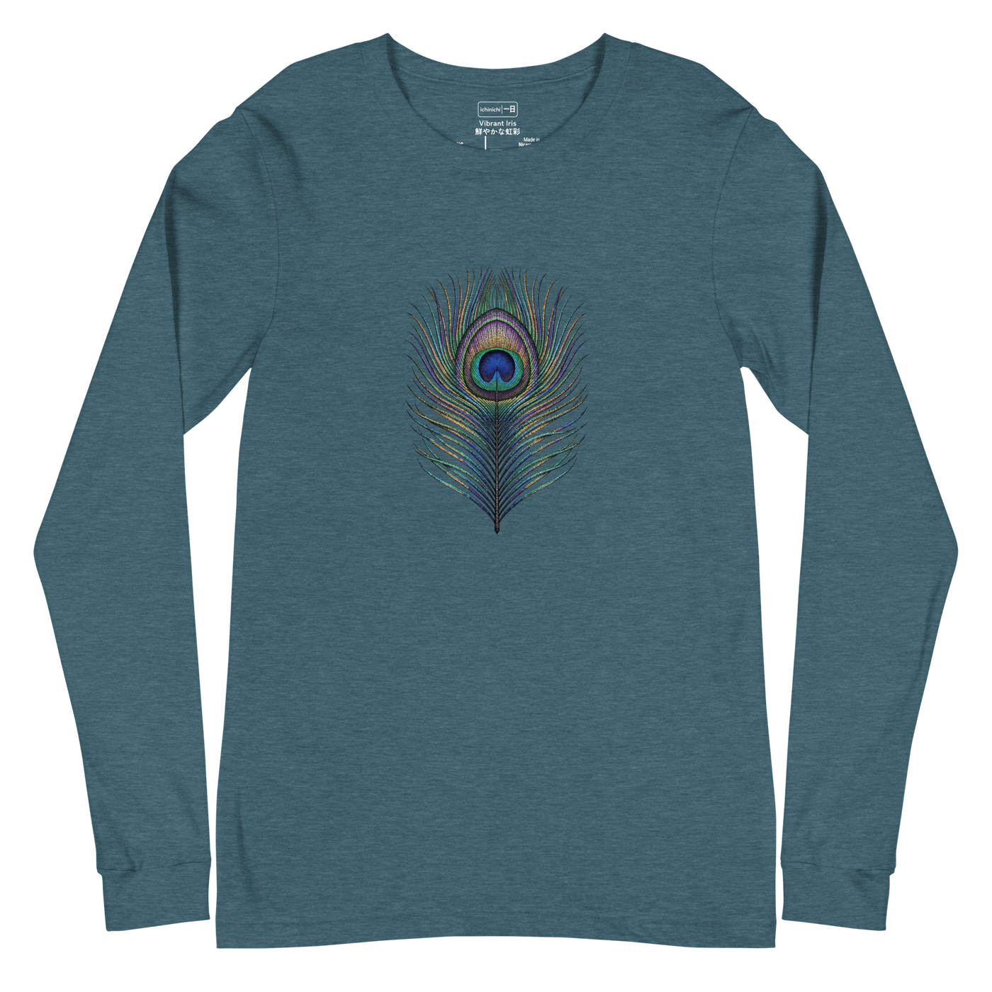 Detailed peacock feather design rendered in vibrant stippling dotwork on a unisex long sleeve t-shirt.