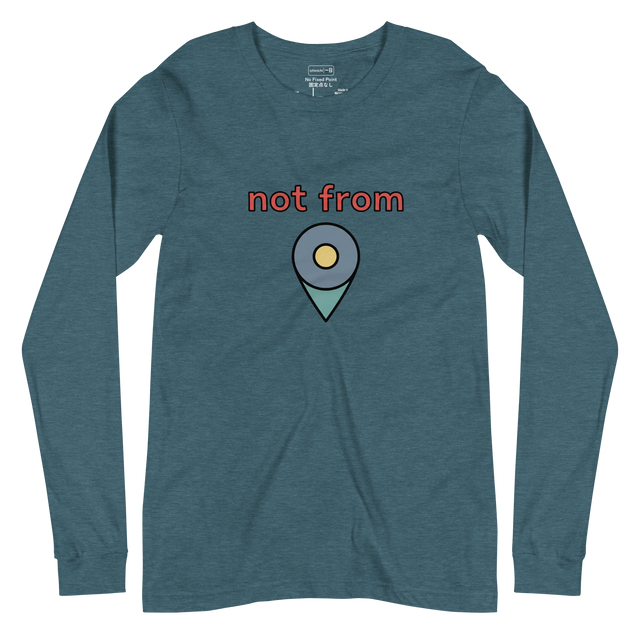 Minimalist long sleeve t-shirt featuring a marker illustration of a digital map pin and red not from typography.