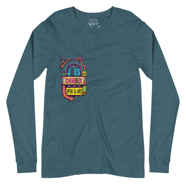 Graphic of a buzzing neon diner sign drawn in bright colors on a unisex long sleeve t-shirt.