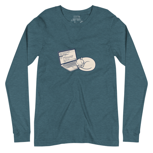 A simple line drawing of a cat sleeping next to a laptop on a long sleeve t-shirt.