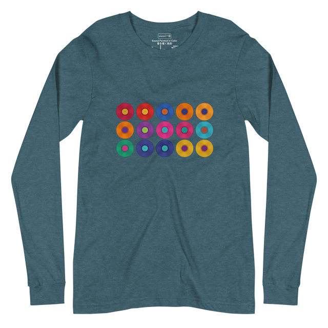 Fifteen colorful vinyl records with contrasting center labels in a 5x3 grid painted with brush strokes on a Long Sleeve T-Shirt.