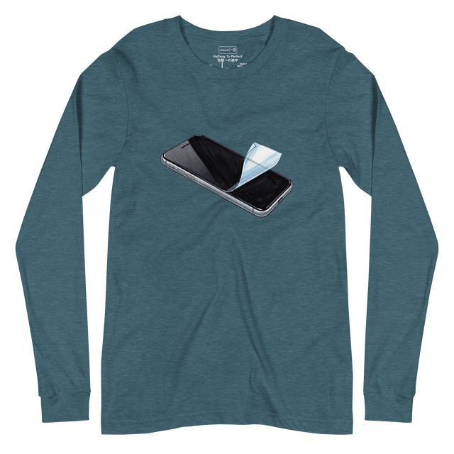 Long Sleeve T-Shirt featuring a marker illustration of a glossy black smartphone with its protective film peeled halfway back.