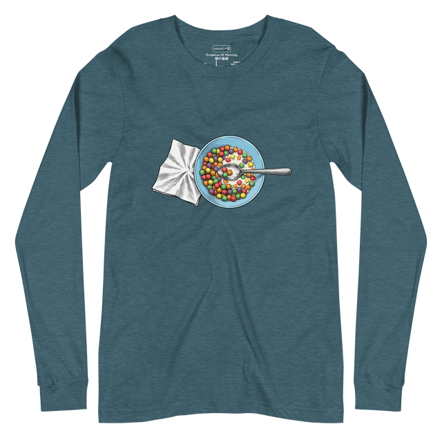 Long Sleeve T-Shirt showing a detailed drawing of a half-eaten bowl of colorful cereal viewed from above.