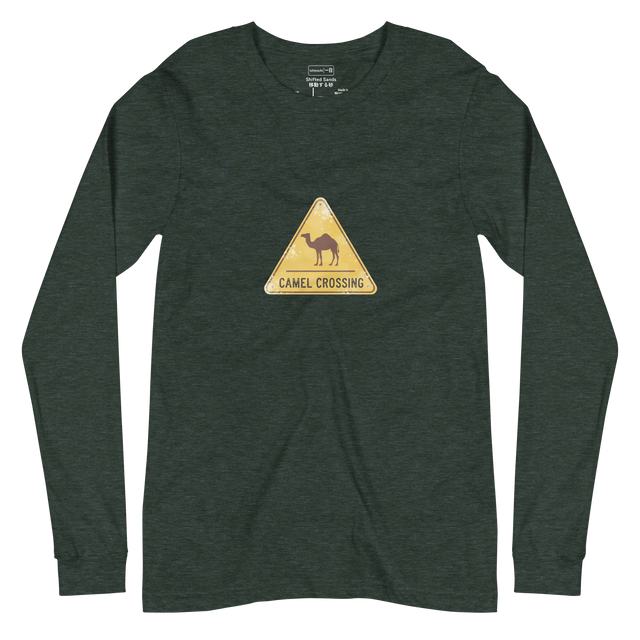 Distressed color ink wash camel crossing road sign graphic on a Long Sleeve T-Shirt.