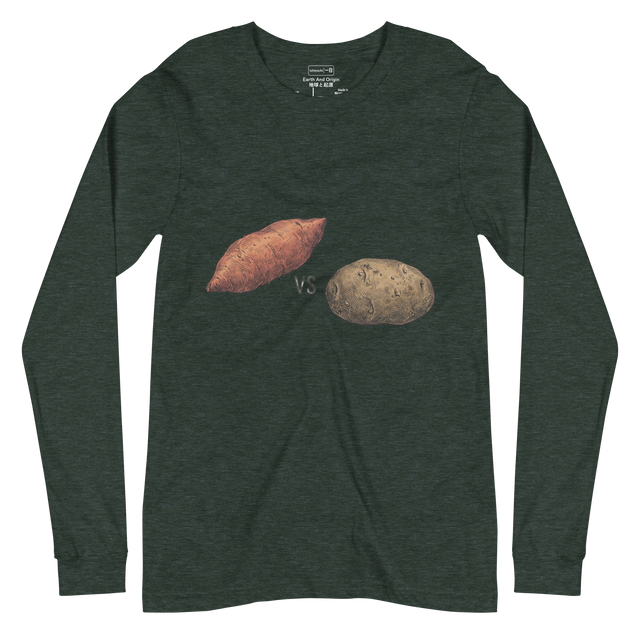 Minimalist botanical potato comparison graphic in cross-hatch style on a Long Sleeve T-Shirt.