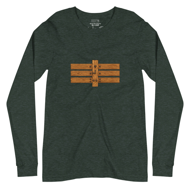 A close up woodcut graphic of horizontal wooden fence joints on a Unisex Long Sleeve T-Shirt.