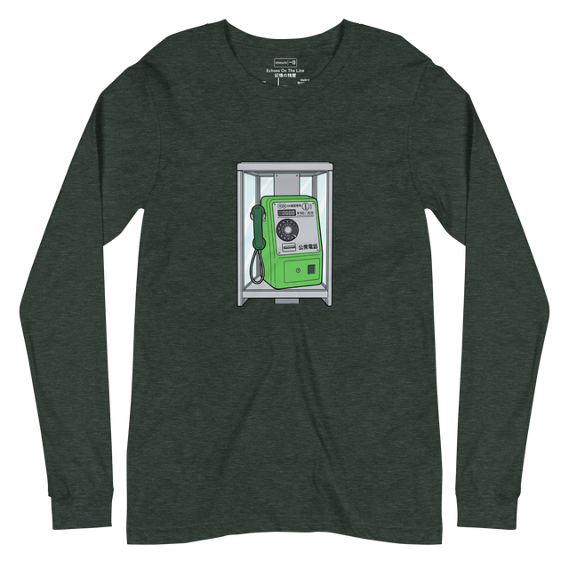 Graphic marker illustration of a classic green Japanese public telephone on a long sleeve t-shirt.