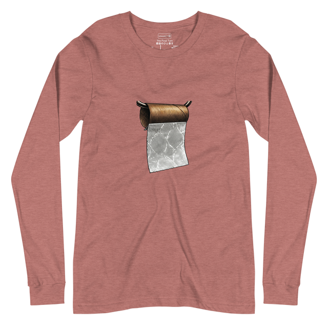 Minimalist line art illustration of a finished toilet paper roll with one sheet left, Unisex Long Sleeve T-Shirt.