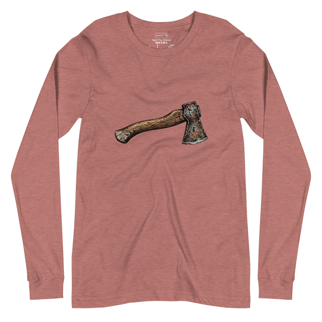 A detailed cross-hatch illustration of a vintage hatchet with wood grain texture on a Long Sleeve T-Shirt.