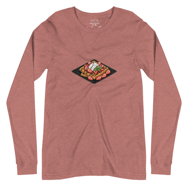 A minimalist bird's-eye view illustration of golden brown waffles topped with whipped cream, strawberries, and chocolate drizzle on a black square plate.