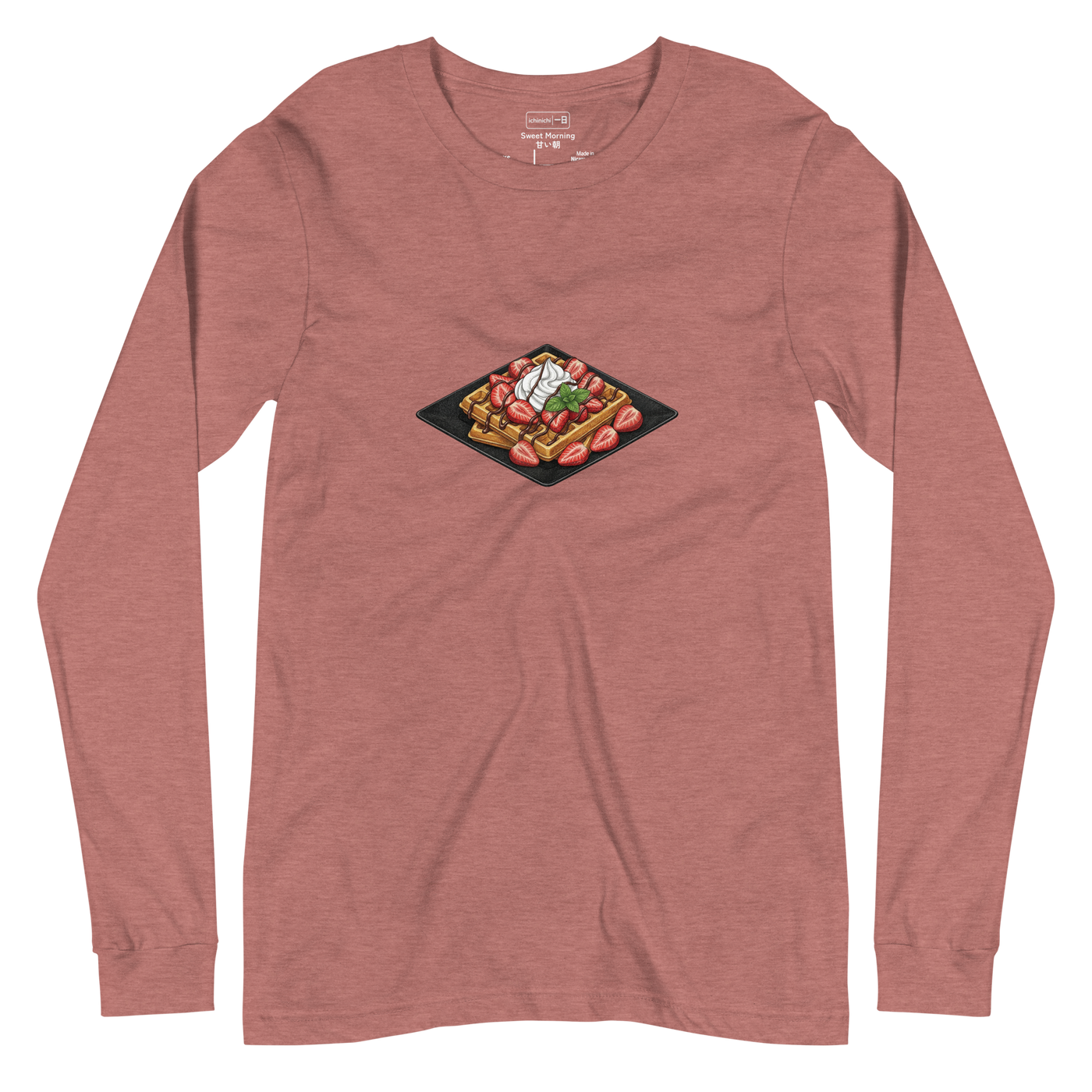 A minimalist bird's-eye view illustration of golden brown waffles topped with whipped cream, strawberries, and chocolate drizzle on a black square plate.