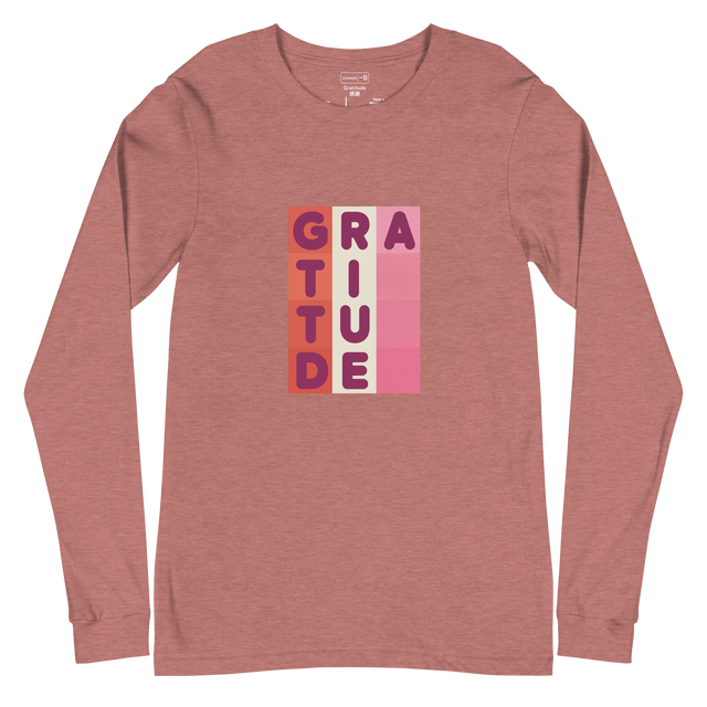 Soft 3D pillowed letters spelling gratitude arranged in a geometric color block grid on a Unisex Long Sleeve T-Shirt.