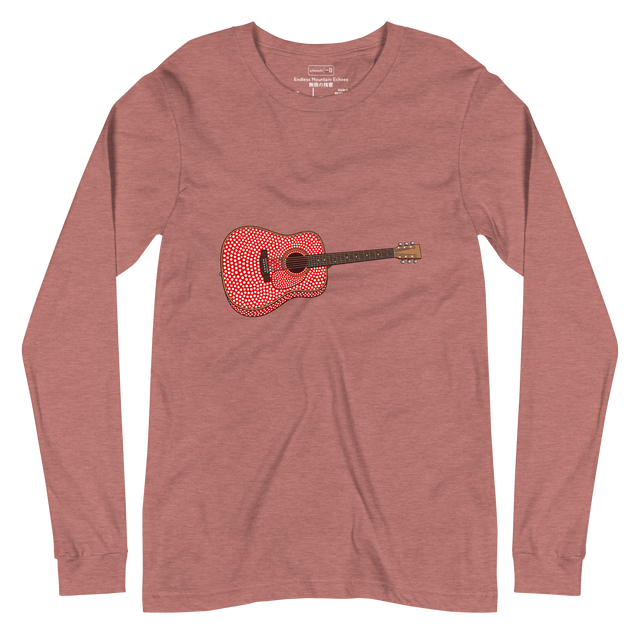 Product mockupClean brush stroke illustration of an acoustic guitar covered in avant-garde red and white dots on a Long Sleeve T-Shirt.