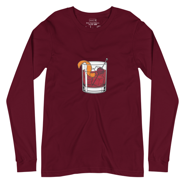 A clean line marker illustration of a classic Negroni cocktail with an orange peel and cherry on a heavy-bottomed rocks glass long sleeve.