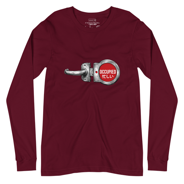 Long Sleeve T-Shirt featuring a cross-hatch ink drawing of a sliding door lock with a solid red occupied indicator and Japanese text.