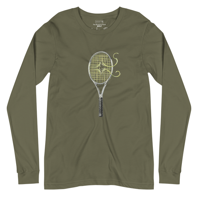 Detailed minimalist graphic of snapping tennis strings on a Long Sleeve T-Shirt.