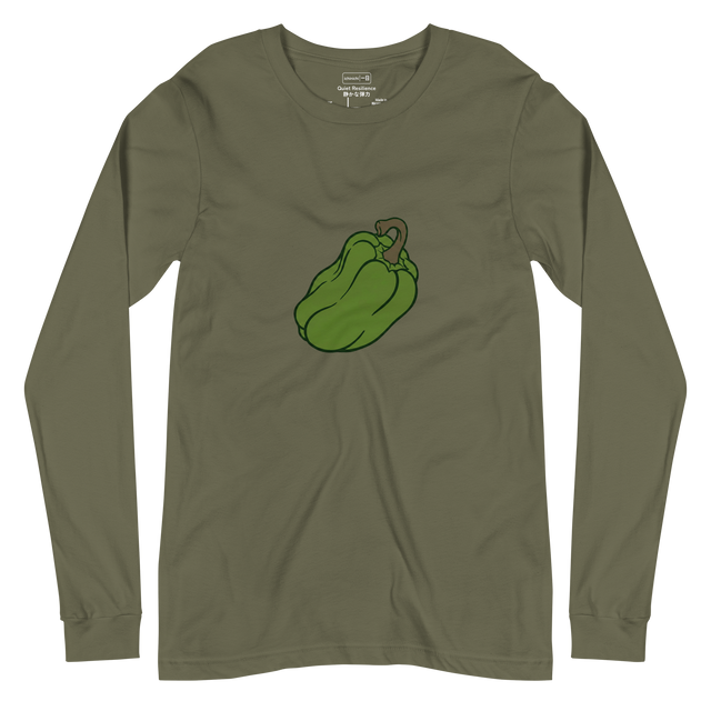 Minimalist line art illustration of a green pepper on a long sleeve t-shirt.