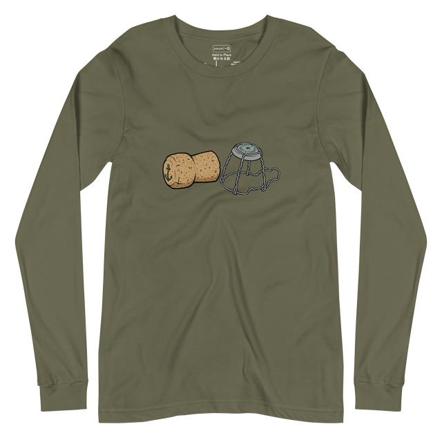 Graphic marker drawing of a champagne cork and metal cage on a Long Sleeve T-Shirt.