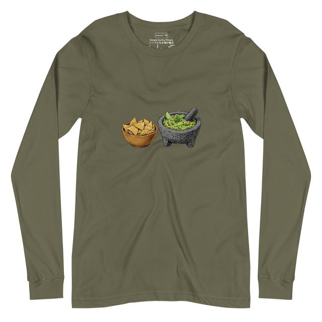 Unisex Long Sleeve T-Shirt displaying a color pencil drawing of guacamole in a stone mortar alongside a bowl of tortilla chips.
