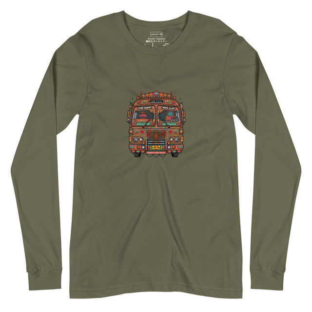 Colorful marker drawing of a decorated Pakistani bus front face on a long sleeve t-shirt.