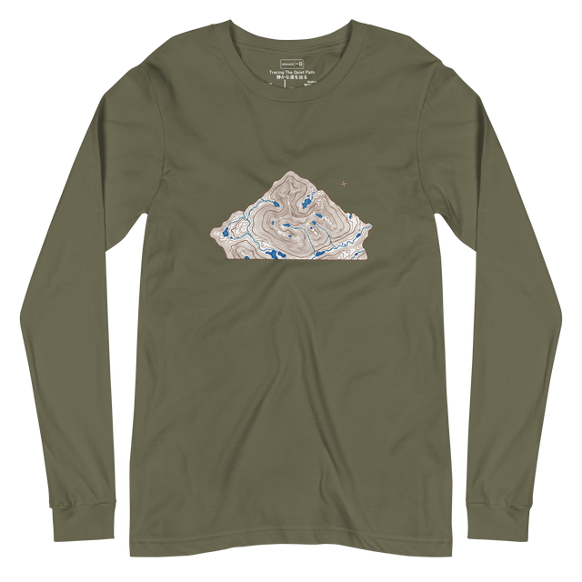 Flat topographic map of an abstract mountain in sepia and blue marker on an off-white Long Sleeve T-Shirt.