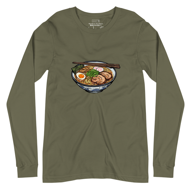 Colorful brush pen illustration of a pork ramen bowl with chopsticks resting across the rim, printed on a Long Sleeve T-Shirt.