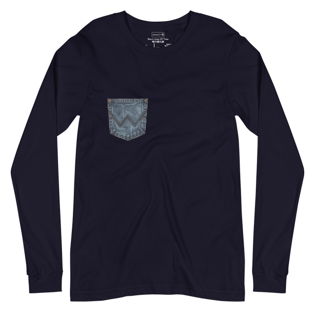 Minimalist line drawing of a denim jean back pocket on a Long Sleeve T-Shirt.