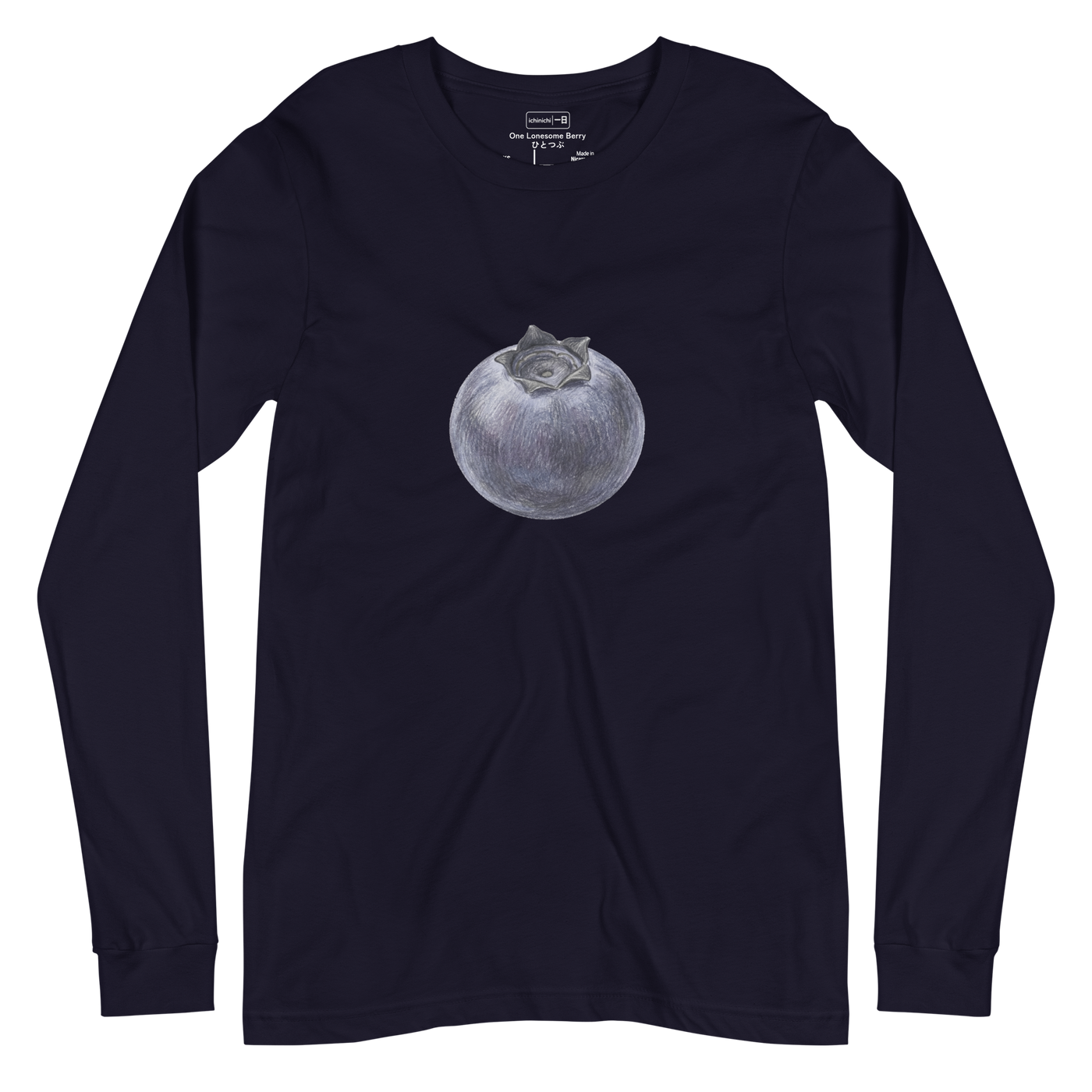 A detailed hand-drawn color pencil illustration of a single isolated blueberry with visible waxy texture on a Long Sleeve T-Shirt.