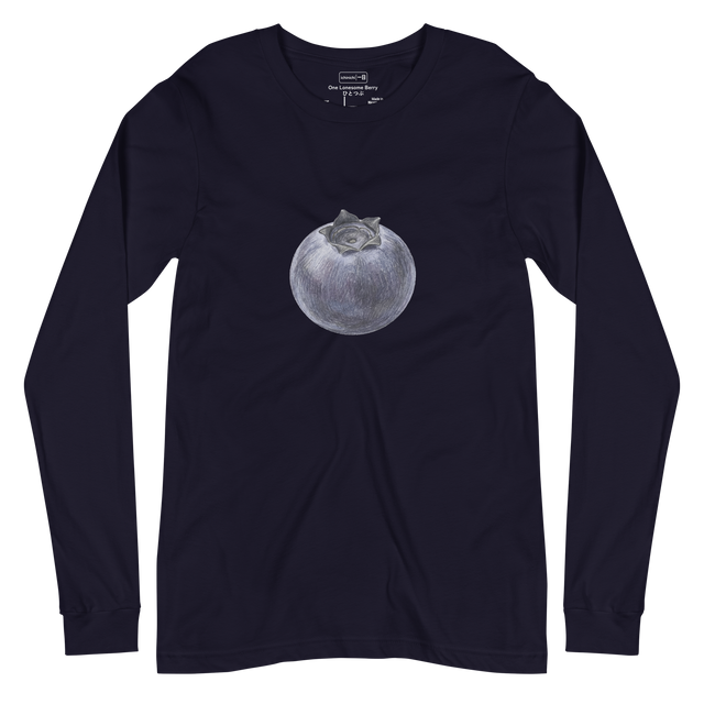 A detailed hand-drawn color pencil illustration of a single isolated blueberry with visible waxy texture on a Long Sleeve T-Shirt.