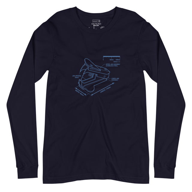A blueprint illustration of a staple remover on a long sleeve t-shirt.
