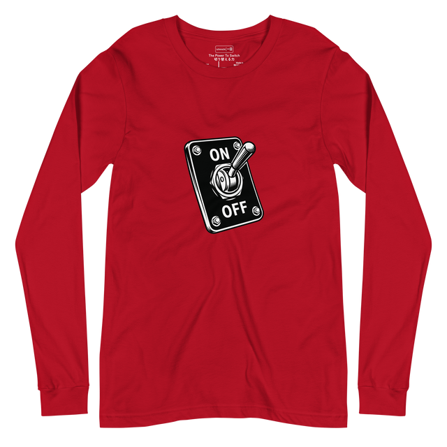 A black and white graphic of an ON/OFF switch printed on a flat Long Sleeve T-Shirt.