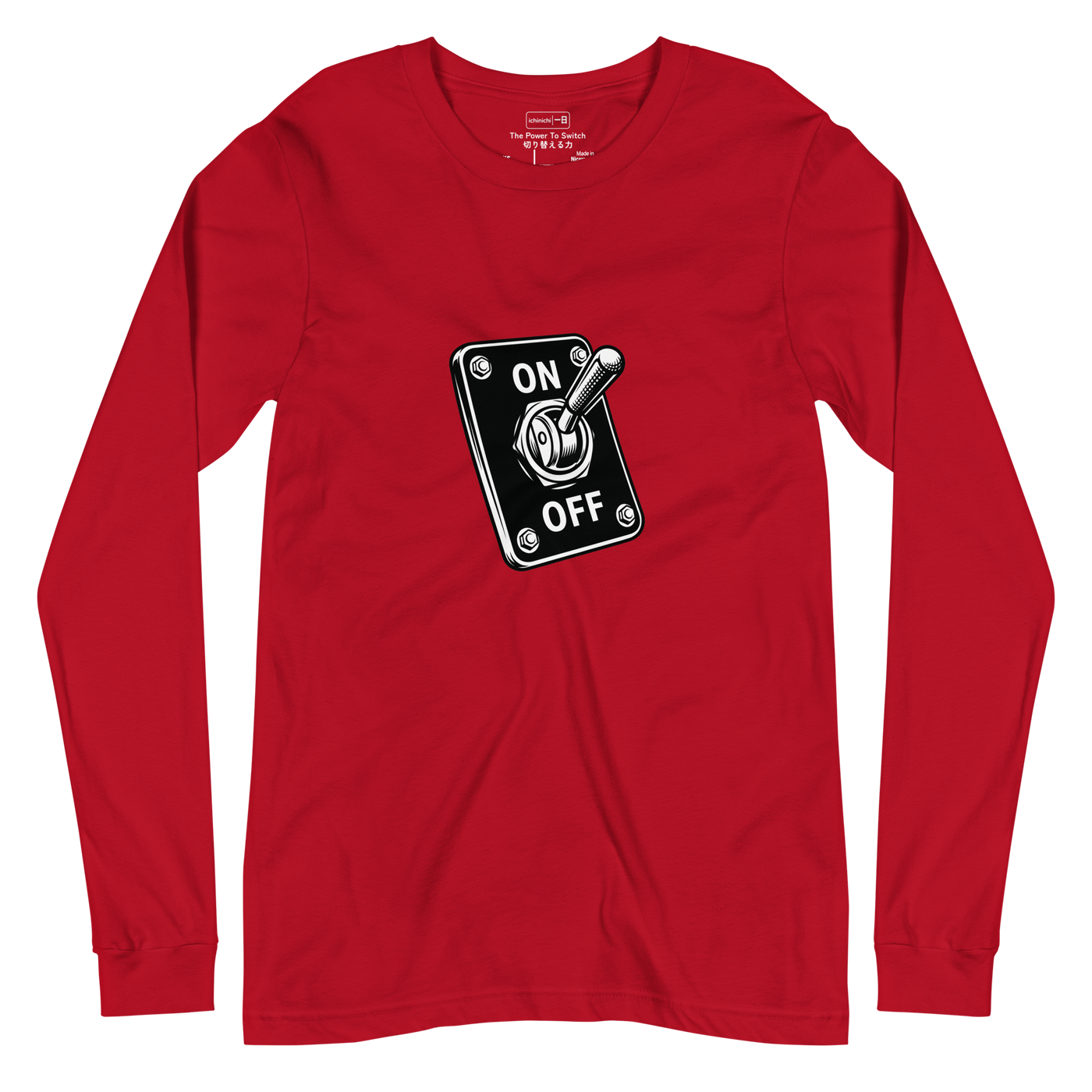 A black and white graphic of an ON/OFF switch printed on a flat Long Sleeve T-Shirt.